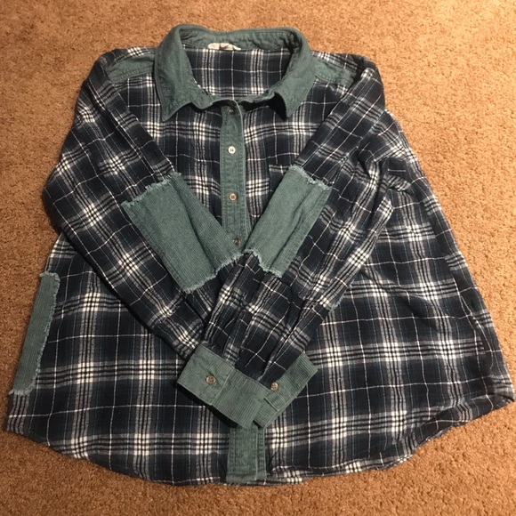 Easel Green Plaid Printed Contrast Corduroy Button Down Loose Fit Shirt Size L - Picture 4 of 4